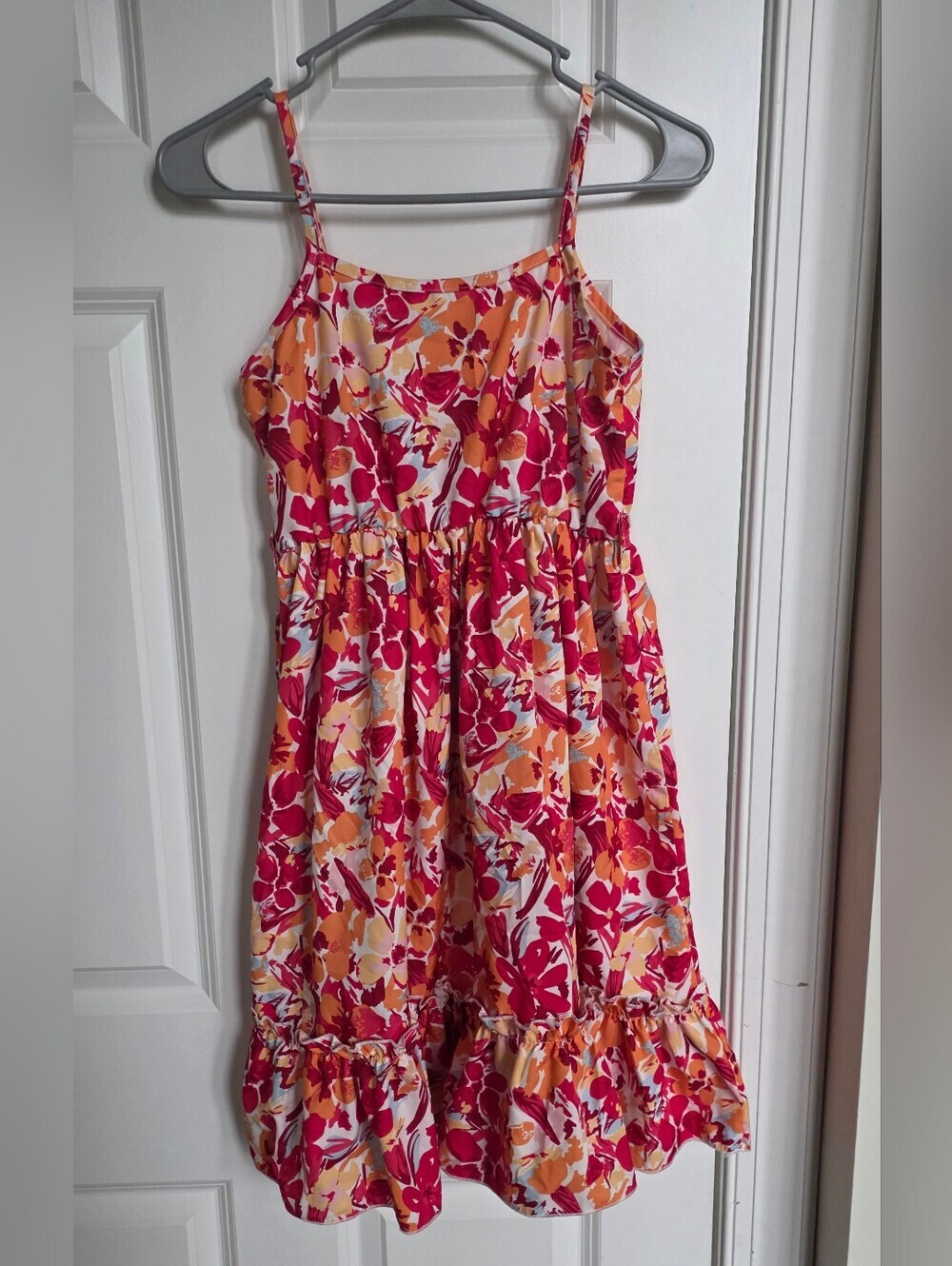 Girls Floral Ruffle Hem Sundress Size 11Y Pink Orange Summer Dress - Picture 3 of 6